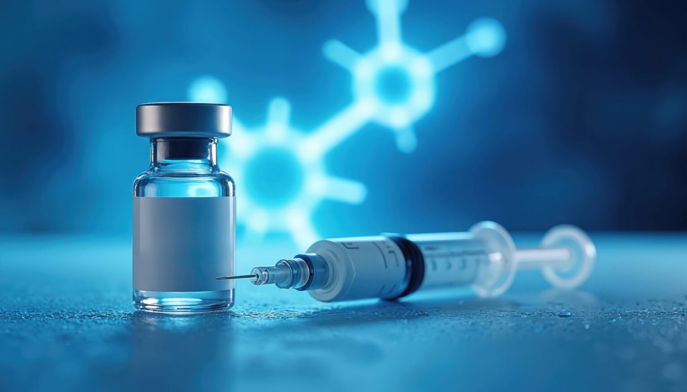 Pharmaceutical vial with sterile syringe, science laboratory background with molecular structure. Medical product photography for diabetes treatment, weight management, obesity, metabolic hormone